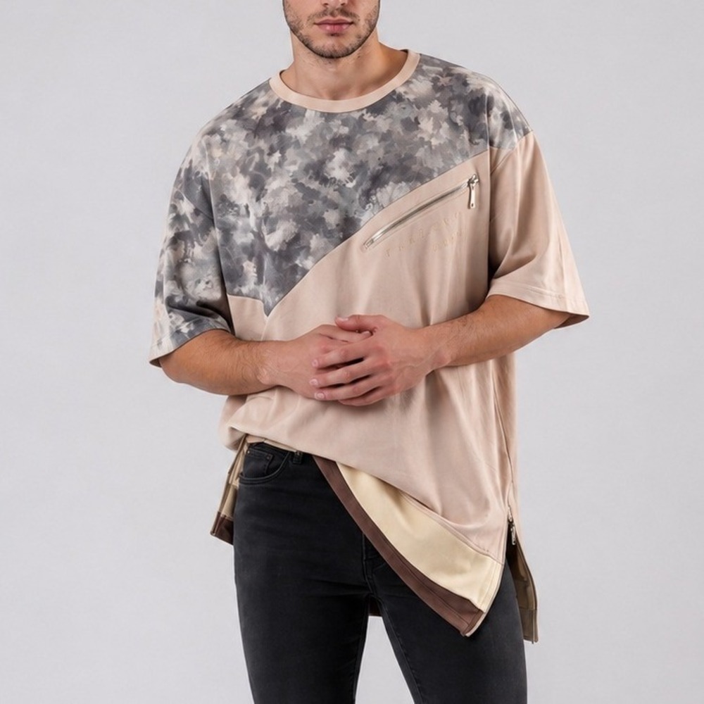 Vie + Riche Paris Mens Tan Marbled Panel Zipper Side Longline T-Shirt Large